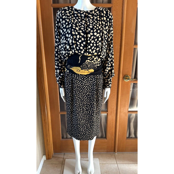 Vtg 80s 100% Silk Black Dress Yellow PolkaDot Ruched Blouson M 10 - Picture 1 of 13